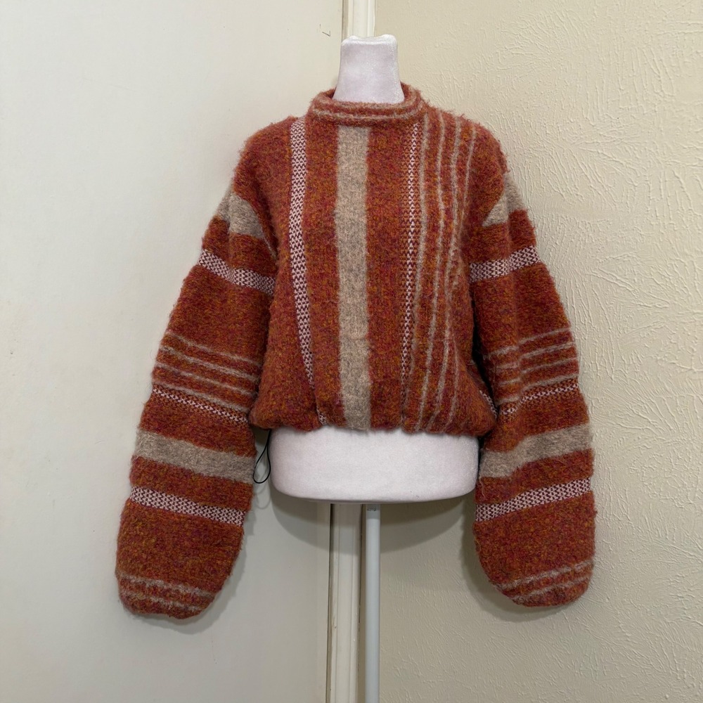 Kerisma Striped Boucle Knit Cropped Sweater Balloon Sleeve Rust Orange Boho OS